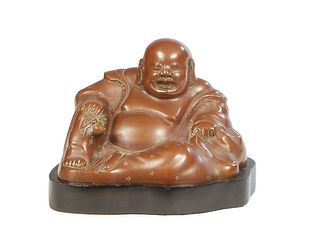 Chinese Patinated Bronze Seated Happy Hotei Figure, early 20th c., with incised decoration. on a custom carved ebonized mahogany stand, Figure- H..- 5