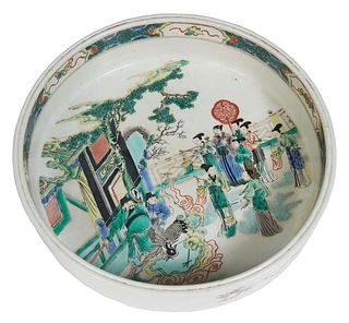 Chinese Mun Shou Wucai Porcelain Serving Bowl, 20th c., the exterior with floral decoration, the interior with figural, bird and tree decoration, the 