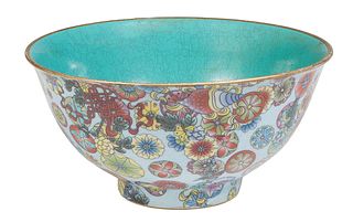 Chinese Famille Rose Porcelain Bowl, 20th c., in the Yong Shen Dynasty style, with geometric and floral decoration, and an aqua interior, the undersid