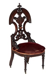 Unusual American Carved Mahgany Altar Chair, 19th c., the arched back with a central urn finial over a vertical splat with a relief cross, above a scr