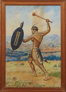 Gerard Bhengu (South Africa, 1910-1990), "Portrait of a Warrior," 20th c., watercolor on paper, signed lower left, presented in a wood frame, H.- 14 3