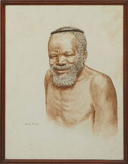 Gerard Bhengu (South Africa, 1910-1990), "Portrait of an Old Man," 20th c., watercolor on paper, signed lower left, with a Durban-based art gallery st