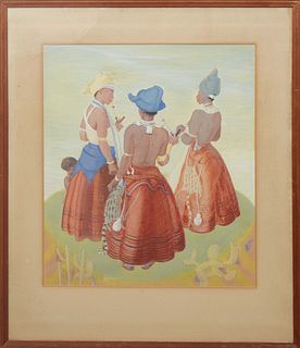 McCrea (South African), "Three African Women and Child," 20th c., watercolor and acrylic on paper, signed lower left, presented in a wood frame, H.- 1