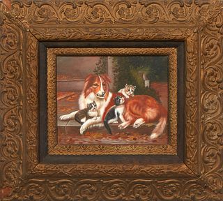 American School, "Collie with Three Kittens," 20th c., oil on canvas, unsigned, presented in a gilt frame, H.- 7 1/2 in., W.- 9 1/2 in., Framed H.- 17