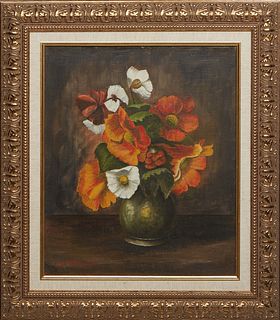In the Manner of Jane Peterson (Illinois, 1876-1965), "Floral Still Life in a Green Vase," 20th c., oil on canvas, signed lower left, presented in a r