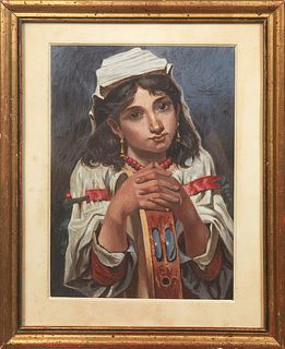 Russian School, "Portrait of a Gypsy Girl," 20th c., oil on paper board, unsigned, presented in a gilt frame, H.- 9 1/4 in., W.- 6 3/4 in., Framed H.-