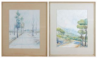 Hadair Hamaoui (Lebanon, 1937-2013), "Winter Landscape View," and "Landscape View with Lebanese Pine," 20th c., pair of watercolors on paper, each sig