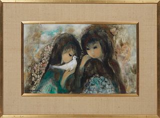 Asian School, "Two Girls and Dove," 20th c., oil on canvas, signed indistinctly lower left, with a "Wah Cheong, Hong Kong," picture framer sticker en 