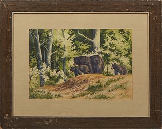 Karen Wright (American), "Black Bear and Two Cubs," 20th c., watercolor, signed lower right, presented in a rustic wood frame, H.- 13 in., W.- 19 in.,