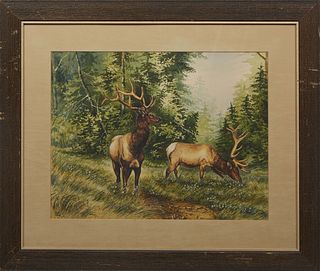 Karen Wright (American), "Two Bucks in a Forest," 20th c., watercolor on paper, signed lower right, presented in a wood frame, H.- 17 1/2 in., W.- 23 