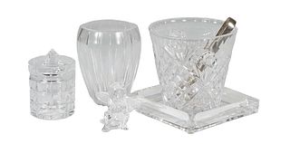 Group of Five Pieces of Crystal, 20th c., consisting of a baluster ribbed vase; an angel paper weight; a carved mustard jar; a square ashtray and a ta