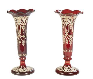 Pair of Bohemian Enameled Ruby Glass Trumpet Vases, 19th c., with gilt and white decoration, the scalloped tops over tapering sides to a socle support