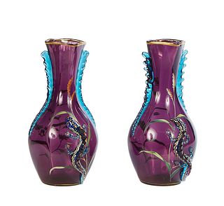 Pair of Deep Violet Glass Vases, 20th c., with applied blue rick-rack decoration and painted floral and salamander decoration, the square neck over a 