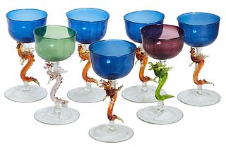 Set of Seven Blown Glass Liqueur Glasses, 20th c., possibly Bimini, with dragon supports, five blue, one green, and one violet, H.- 4 3/4 in., Dia.- 2