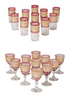 Set of Twenty-Two Cranberry Banded Crystal Glasses, by Val St. Lambert, decorated with classical scenes, consisting of eleven tumblers and eleven red 