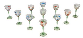 Set of Eleven Hand Painted Liqueur Stems, 20th c., probably Venetian, with gilt and floral decoration, atop a green stem on a circular green base, sig