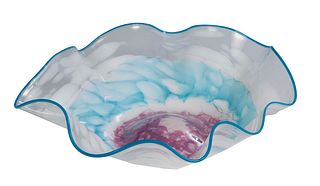 Large Art Glass Glass Bowl, 20th c., in white, pink and blue, with a scalloped rim., H.- 6 1/2 in., Dia.- 21 1/2 in.