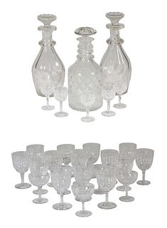 Twenty-Eight Pieces of Cut Crystal, 20th c., by Stuart, consisting of three decanters, fifteen wine stems, five champagnes, five liqueurs, Decanters- 