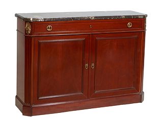 French Louis XVI Style Ormolu Mounted Cherry Marble Top Sideboard, 20th c., the thick canted corner figured stepped black marble over a long frieze dr