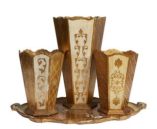 Group of Four Florentine Gilt Wood Objects, 20th c., consisting of three tapered ocatagonal umbrella stands and a large serving tray, Tallest Stand- H