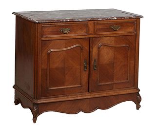 Diminutive French Louis XV Style Carved Walnut Marble Top Sideboard, late 19th c., the stepped rounded corner and edge highly figured brown marble ove