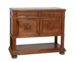 French Carved Walnut Henri II Style Marble Top Sideboard, 19th c., the broken arch crest over an ogee edge shelf,  flanked by spindled friezes and tur