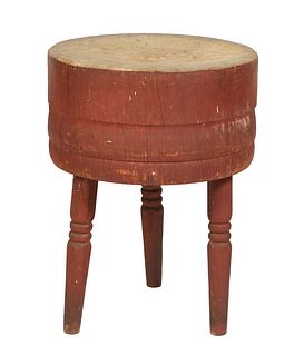 Butcher Block Table, late 19th c., the circular ring edge top on three turned tapered legs, the side in brown paint, H.- 31 1/4 in., Dia.- 22 3/4 in.
