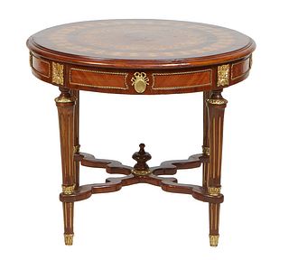 French Louis XVI Style Ormolu Mounted Inlaid Cherry Coffee Table, 20th c., the marquetry inlaid stepped edge circular top over an ormolu mounted skirt
