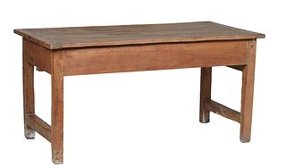 French Carved Walnut Farmhouse Table, 19th c., the three board top over a deep skirt, with one end frieze drawer, on block legs joined by block stretc