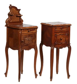 Near Pair of Louis XV Style Carved Walnut Marble Top Nightstands, late 19th c., both with an inset highly figured brown marble over a frieze drawer an