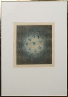 Arthur Luis Piza (Brazilian, 1928-2017), "Untitled - Orb with Blue Triangles," 20th c., etching with aquatint, 92/99, signed lower right, numbered low
