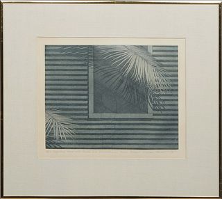 Norman Stevens (English, 1937-1988), "Clapboard House with Fronds and Architectural French Curve, 1974," 1974, intaglio print on paper, editioned 21/8