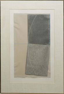 Jon Groom (Welsh, 1935- ), "V.W. Ba. on Paper (J)," c. 1979, mixed media on paper, pencil signed and dated lower right, presented in a metal frame, H.