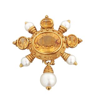 18K Yellow Gold Vintage Style Pearl and Citrine Brooch, with a central horizontal citrine atop a beaded border, the outer edge mounted with three oval