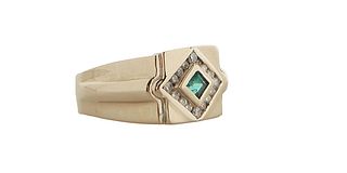 Man's 14K Yellow Gold Dinner Ring, the tapering wide band mounted with a central .25 carat emerald within a conforming border of small round diamonds,