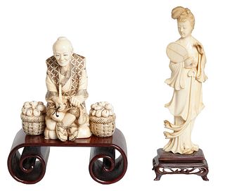 Two Chinese Carved Ivory Figures, early 20th c., one of a Geisha with a fan, mounted on a mahogany base; together with a group of a vegetable seller w