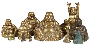Group of Twelve Oriental Figures, consisting of eleven brass Happy Hotei Figures, and one Japanese ceramic figure of a seated Buddha, Largest- H.- 6 1