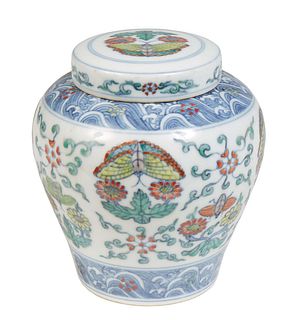 Chinese Doucai Covered Porcelain Ginger Jar, 20th c., of baluster form, with floral, butterfly and insect decoration, H.- 6 in., Dia.- 5 1/2 in.