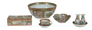 Eight Pieces of Chinese Famille Rose Porcelain, 19th and 20th c., consisting of a punchbowl, a tea cup and saucer, 2 small bowls, a pair of diminutive