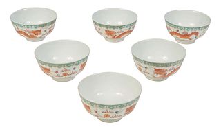Set of Six Chinese Porcelain Rice Bowls, 20th c., with an aqua banded rim over dragon decoration, the underside with a spurious Wan Li underglaze mark