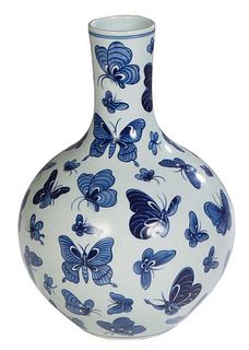 Chinese Baluster Porcelain Vase, 20th c., with blue butterfly decoration, with a stamped Qianlong blue mark on the underside, H.- 13 1/4 in., Dia.- 9 