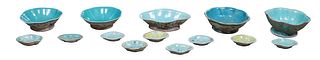 Fourteen Pieces of Chinese Glazed Earthenware Porcelain, late 19th c., consisting of an oval lobed footed bowl with floral decoration, and an aqua gla