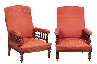 Pair of Henri II Style Carved Walnut Fauteuils, late 19th c., the canted arched upholstered back to upholstered arms on spindeled galleries, to a bowe