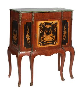 Ormolu Mounted Marquetry Inlaid Louis XV Style Marble Top Sideboard, 20th c., the ogee edge shaped green marble over a central inlaid cupboard door, f