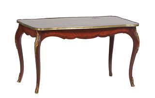 French Louis XV Style Ormolu Mounted Inlaid Mahogany Coffee Table, 20th c., the brass bound marquetry inlaid top over a scalloped skirt, on cabriole l