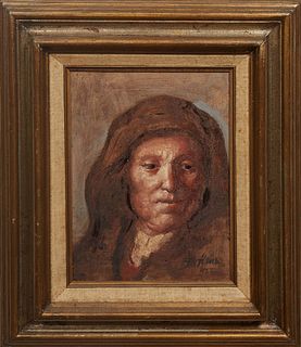 Continental School, "Portrait of an Old Woman," 20th c., oil on board, signed indistinctly lower right, presented in a gilt frame, H.- 11 1/2 in., W.-