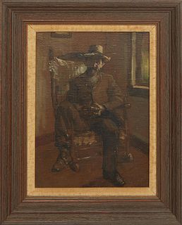 Manner of Thomas Eakins (France/Pennsylvania, 1844-1916), "Man Lounging in Rocking Chair," 19th/20th c., oil on canvas laid to board, with a "David Be