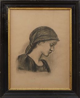 American School, "Portrait of a Girl," early 20th c., charcoal on paper, unsigned, with a presented in a gilt and ebonized frame, H.- 15 1/2 in., W.- 