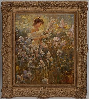 Marie-Pierre Rousseau (French, 1946- ), "Young Girl in a Field of Flowers," oil on wood panel, signed lower right, presented in gilt frame, H.- 19 1/2