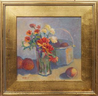 Sally Reed, "Flowers and Fruit," 2004, oil on board, signed lower left, signed, titled and dated en verso, presented in a gilt frame, H.- 11 1/2 in., 